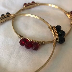Garnet, black, and gold bangle bracelet set
